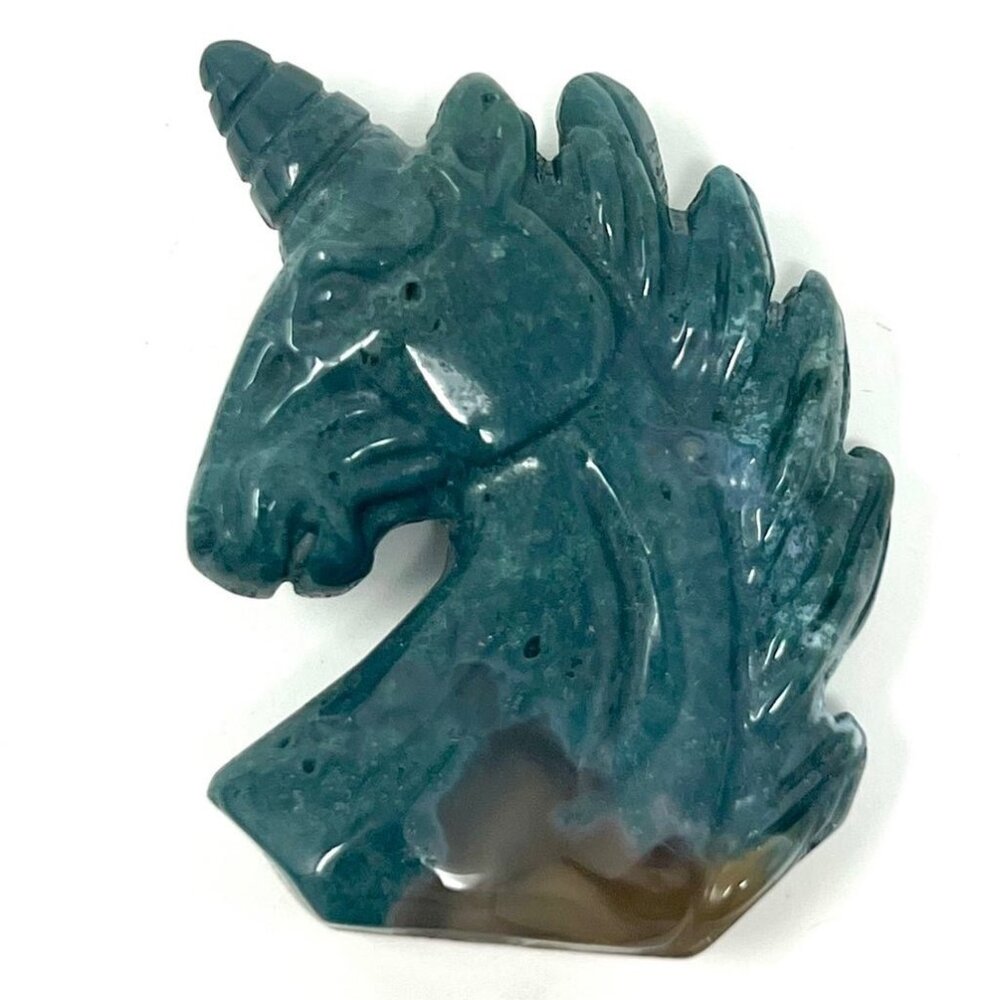 **SOLD*Green Moss Agate chalcedony unicorn carving natural healing crystal stone